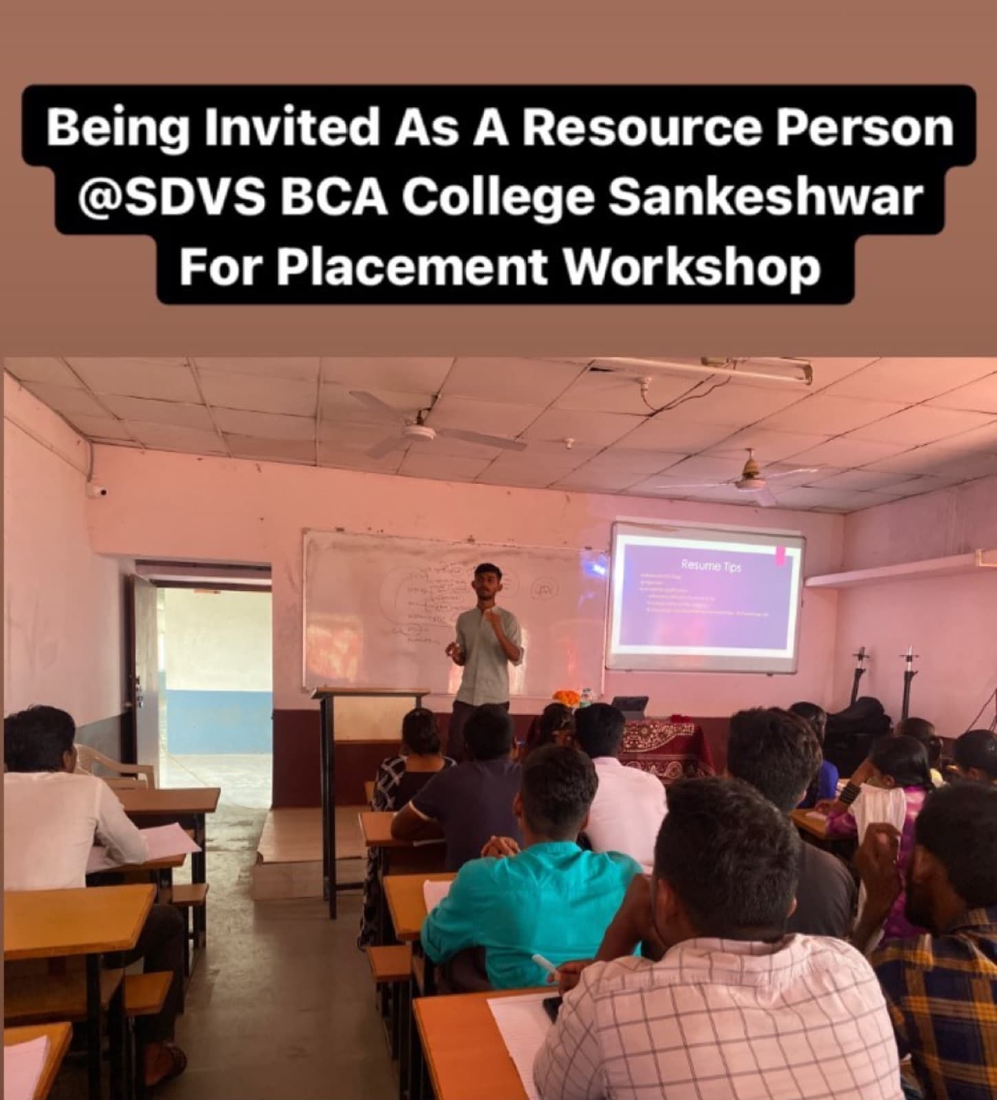 Akash Jadhav invited as resource person for a placement workshop at SDVS BCA College, Sankeshwar