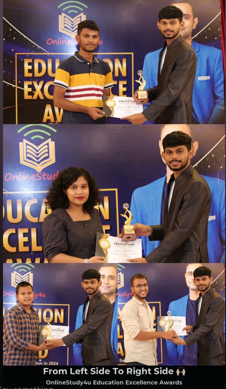Students receiving OnlineStudy4U Education Excellence Awards from Akash Jadhav