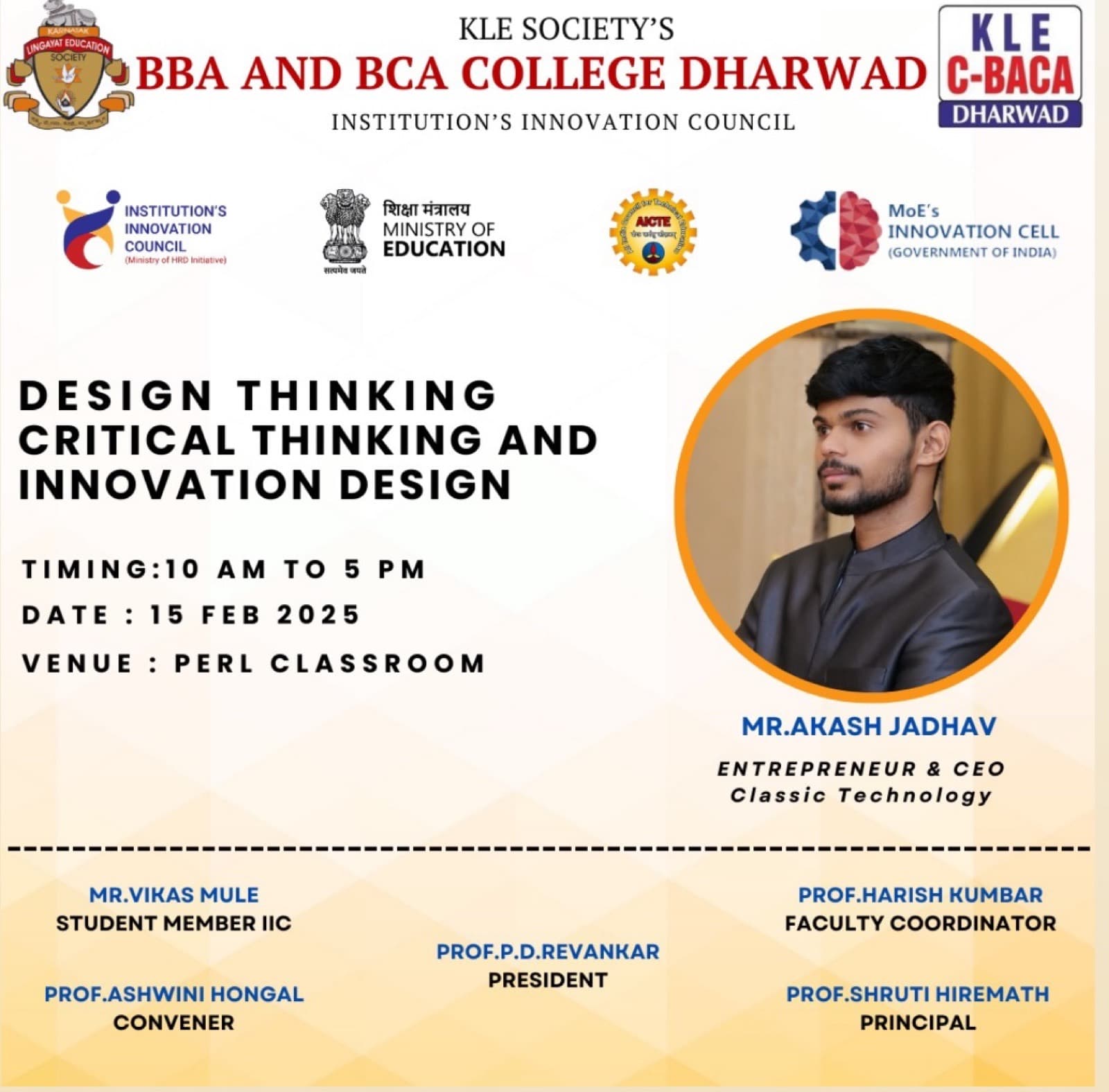 Poster for the design thinking, critical thinking and innovation design workshop by Akash Jadhav at KLE BBA and BCA College, Dharwad