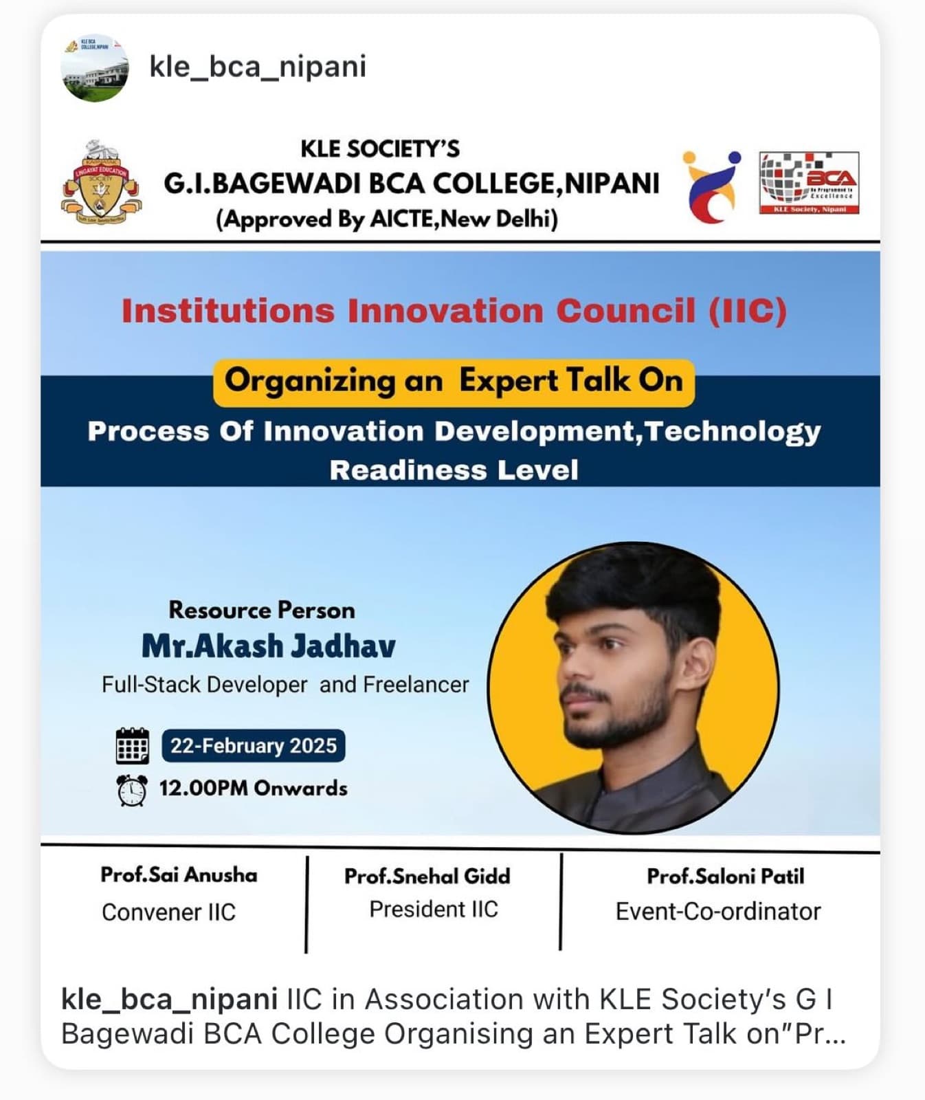 Expert talk poster on innovation development and technology readiness level at G.I. Bagewadi BCA College, Nipani